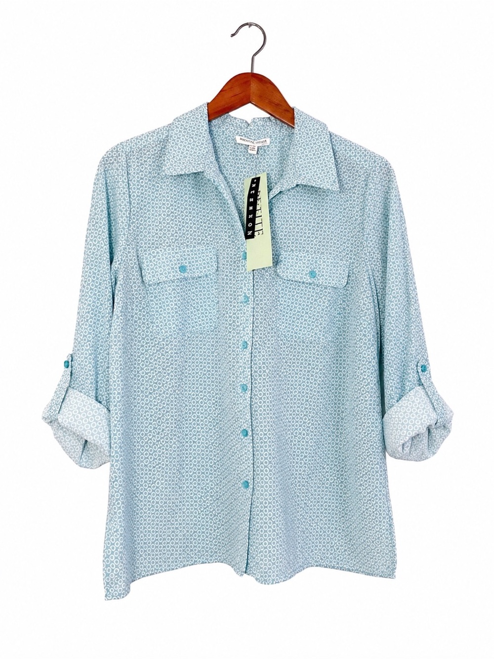 NWT Notations Petite Blue Geometric Button Front Blouse Roll Tap Sleeves Top LP